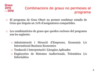 Combinacions de graus no permeses al
programa
□ El programa de Grau Obert no permet combinar estudis de
Grau que tinguin un 70% d’assignatures compartides.
□ Les combinatòries de graus que queden excloses del programa
son les següents:
□ Administració i Direcció d’Empreses, Economia i/o
International Business Economics
□ Traducció i Interpretació i Llengües Aplicades
□ Enginyeries de Sistemes Audiovisuals, Telemàtica i/o
Informàtica
8
 