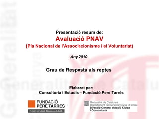 Presentació resum de:
              Avaluació PNAV
(Pla Nacional de l’Associacionisme i el Voluntariat)
                      Any 2010


         Grau de Resposta als reptes


                      Elaborat per:
      Consultoria i Estudis – Fundació Pere Tarrés
 