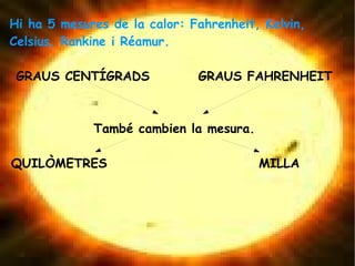 Hi ha 5 mesures de la calor:  Fahrenheit , Kelvin, Celsius, Rankine i Réamur. GRAUS CENTÍGRADS  GRAUS FAHRENHEIT També cambien la mesura. QUILÒMETRES  MILLA  