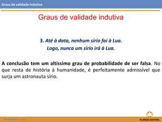 Graus de validade indutiva 
Graus de validade indutiva 
3. Até à data, nenhum sírio foi à Lua. 
Logo, nunca um sírio irá à Lua. 
A conclusão tem um altíssimo grau de probabilidade de ser falsa. No 
que resta de história à humanidade, é perfeitamente admissível que 
surja um astronauta sírio. 
FILOSOFIA 11.º ano 
 