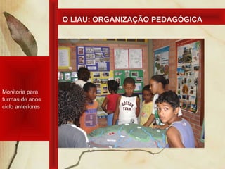 O LIAU: ORGANIZAÇÃO PEDAGÓGICA
Monitoria para
turmas de anos
ciclo anteriores
 