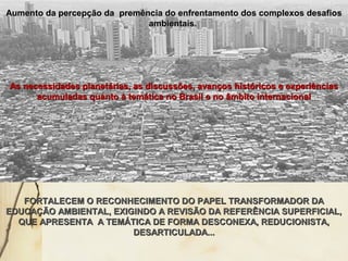 Aumento da percepção da premência do enfrentamento dos complexos desafiosAumento da percepção da premência do enfrentamento dos complexos desafios
ambientais.ambientais.
As necessidades planetárias, as discussões, avanços históricos e experiênciasAs necessidades planetárias, as discussões, avanços históricos e experiências
acumuladas quanto à temática no Brasil e no âmbito internacionalacumuladas quanto à temática no Brasil e no âmbito internacional
FORTALECEM O RECONHECIMENTO DO PAPEL TRANSFORMADOR DAFORTALECEM O RECONHECIMENTO DO PAPEL TRANSFORMADOR DA
EDUCAÇÃO AMBIENTAL, EXIGINDO A REVISÃO DA REFERÊNCIA SUPERFICIAL,EDUCAÇÃO AMBIENTAL, EXIGINDO A REVISÃO DA REFERÊNCIA SUPERFICIAL,
QUE APRESENTA A TEMÁTICA DE FORMA DESCONEXA, REDUCIONISTA,QUE APRESENTA A TEMÁTICA DE FORMA DESCONEXA, REDUCIONISTA,
DESARTICULADA...DESARTICULADA...
 
