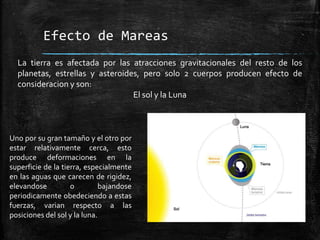 Efecto de Mareas
La tierra es afectada por las atracciones gravitacionales del resto de los
planetas, estrellas y asteroides, pero solo 2 cuerpos producen efecto de
consideracion y son:
El sol y la Luna

Uno por su gran tamaño y el otro por
estar relativamente cerca, esto
produce deformaciones en la
superficie de la tierra, especialmente
en las aguas que carecen de rigidez,
elevandose
o
bajandose
periodicamente obedeciendo a estas
fuerzas, varian respecto a las
posiciones del sol y la luna.

 