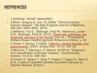 REFRENCES
 1.american thyroid association
 2.Brent, Gregory A. (Jun 12, 2008). "Clinical practice.
Graves' disease". The New England Journal of Medicine.
358 (24): 2594–2605. 2014).
 3.Nikiforov, Yuri E.; Biddinger, Paul W.; Nikiforova, Lester
D.R.; Biddinger, Paul W. (2012). Diagnostic pathology and
molecular genetics of the thyroid (2nd ed.). Philadelphia:
Wolters Kluwer Health/Lippincott Williams & Wilkins. p. 69
 4.Tomer Y, Davies T (1993). "Infection, thyroid disease, and
autoimmunity" (PDF). Endocr Rev. 14 (1): 107–20.
 5.Menconi, F; Marcocci, C; Marinò, M (2014). "Diagnosis
and classification of Graves' disease.". Autoimmunity
reviews. 13 (4-5): 398–402.
 6.Umena S, Takano T, Iijima T, Hidaka Y, Yagoro A, Takai S,
et al. A case of repeated painless thyroiditis followed by
Graves’ disease. Endocr J
 