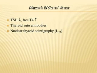 Diagnosis Of Graves’ disease
 TSH , free T4 
 Thyroid auto antibodies
 Nuclear thyroid scintigraphy (I123)
 