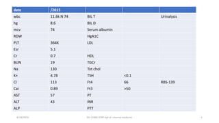 date /2015
wbc 11.6k N 74 BIL T Urinalysis
hg 8.6 BIL D
mcv 74 Serum albumin
RDW HgA1C
PLT 364K LDL
Esr 5.1
Cr 0.7 HDL
BUN 19 TGCr
Na 130 Tot chol
K+ 4.78 TSH <0.1
Cl 113 Ft4 66 RBS-139
Cai 0.89 Ft3 >50
AST 57 PT
ALT 43 INR
ALP PTT
8/18/2023 HU CHMS SOM Dpt of Internal medicine 5
 