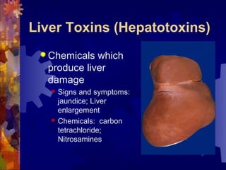 Liver Toxins (Hepatotoxins)
 Chemicals which
produce liver
damage
 Signs and symptoms:
jaundice; Liver
enlargement
 Chemicals: carbon
tetrachloride;
Nitrosamines
 