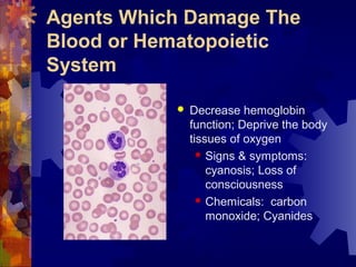 Agents Which Damage The
Blood or Hematopoietic
System
 Decrease hemoglobin
function; Deprive the body
tissues of oxygen
 Signs & symptoms:
cyanosis; Loss of
consciousness
 Chemicals: carbon
monoxide; Cyanides
 