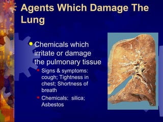 Agents Which Damage The
Lung
 Chemicals which
irritate or damage
the pulmonary tissue
 Signs & symptoms:
cough; Tightness in
chest; Shortness of
breath
 Chemicals: silica;
Asbestos
 