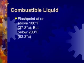 Combustible Liquid
 Flashpoint at or
above 100°F
(37.8°c); But
below 200°F
(93.3°c)
 