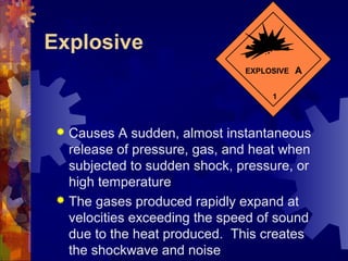 EXPLOSIVE A
1
 Causes A sudden, almost instantaneous
release of pressure, gas, and heat when
subjected to sudden shock, pressure, or
high temperature
 The gases produced rapidly expand at
velocities exceeding the speed of sound
due to the heat produced. This creates
the shockwave and noise
Explosive
 
