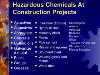 Hazardous Chemicals At
Construction Projects
 Abrasives
 Adhesives
 Aggregate
 Concrete
 Cutting oils
 Galvanize
d metal
 Fuels
 Grouts
 Greases
 Insulation (fibrous)
 Hydraulic fluid
 Masonry block
 Paints
 Pipe cement
 Resins and epoxies
 Structural steel
 Welding gases and
metals
 Wood dust
Carcinogens
Arsenic
Asbestos
Benzene
Cadmium
Silica
Tars and mineral Oils
Chromium IV
Fibrous Insulation
 