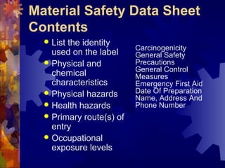 Material Safety Data Sheet
Contents
 List the identity
used on the label
 Physical and
chemical
characteristics
 Physical hazards
 Health hazards
 Primary route(s) of
entry
 Occupational
exposure levels
Carcinogenicity
General Safety
Precautions
General Control
Measures
Emergency First Aid
Date Of Preparation
Name, Address And
Phone Number
 
