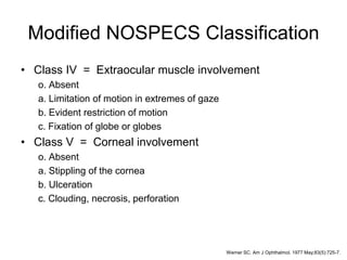 Modified NOSPECS Classification
• Class IV = Extraocular muscle involvement
o. Absent
a. Limitation of motion in extremes of gaze
b. Evident restriction of motion
c. Fixation of globe or globes
• Class V = Corneal involvement
o. Absent
a. Stippling of the cornea
b. Ulceration
c. Clouding, necrosis, perforation
Werner SC. Am J Ophthalmol. 1977 May;83(5):725-7.
 