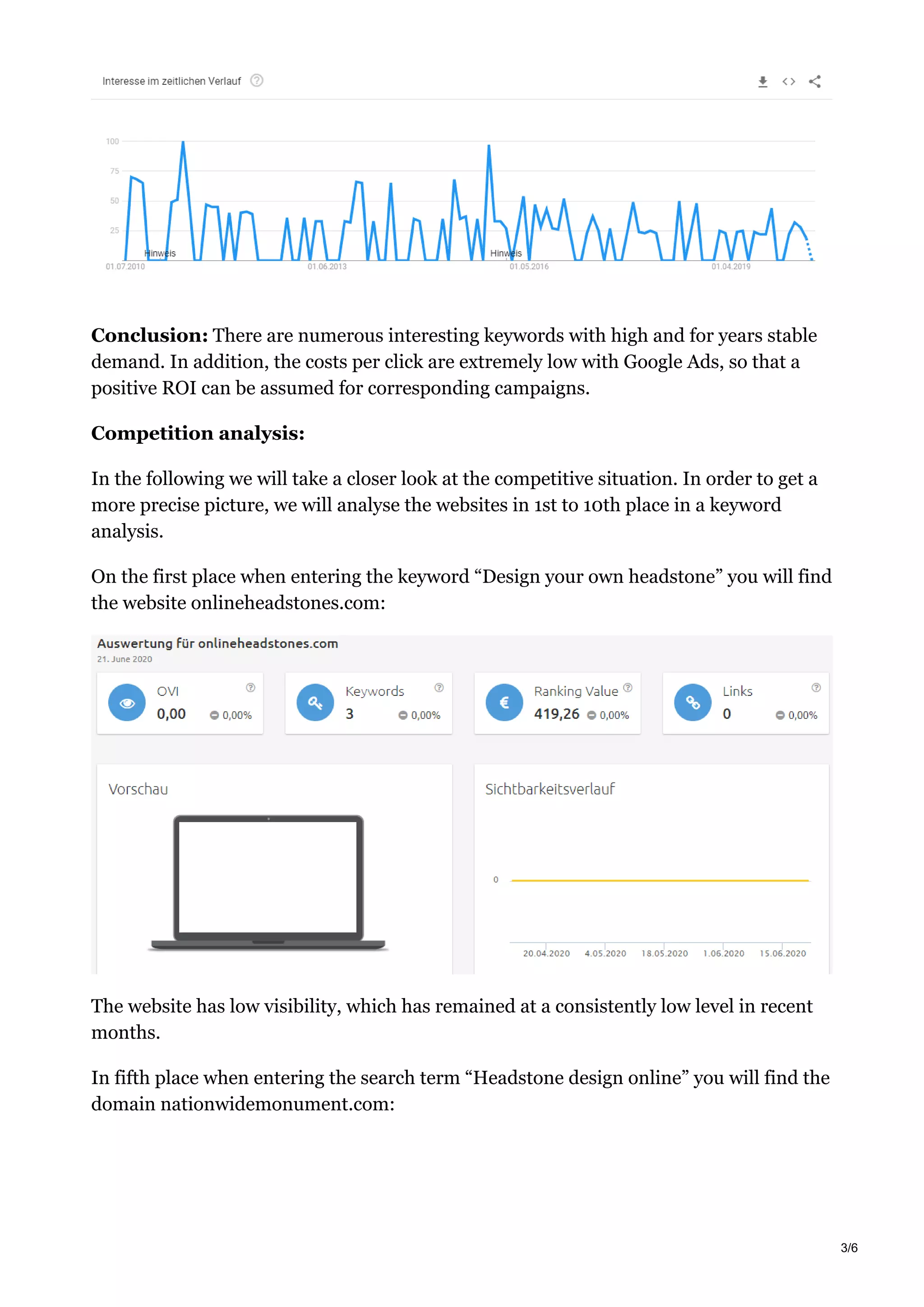 Conclusion: There are numerous interesting keywords with high and for years stable
demand. In addition, the costs per click are extremely low with Google Ads, so that a
positive ROI can be assumed for corresponding campaigns.
Competition analysis:
In the following we will take a closer look at the competitive situation. In order to get a
more precise picture, we will analyse the websites in 1st to 10th place in a keyword
analysis.
On the first place when entering the keyword “Design your own headstone” you will find
the website onlineheadstones.com:
The website has low visibility, which has remained at a consistently low level in recent
months.
In fifth place when entering the search term “Headstone design online” you will find the
domain nationwidemonument.com:
3/6
 