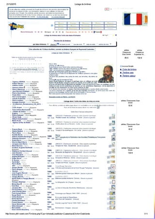 211'.!2i20'15
Ce site utl¡se des cook¡es provenant de Google al¡n de fournìr ses services, personnaliser les
annonces et anavser le trafìc. Les informations relatives à votre ut¡lisat¡on du site sont
partagées avec Google. Ces publicités, jamais intrusives, permettent exclus¡vement de
financer la ma¡ntenance de ce site. Si vous cont¡nuez vos visites sur ce site merc¡ de donner
votre accord pour lutiÍsalbn des cækies. =>> En savo¡r Dlus =>> Je suis d'accord
Listage de timbres
6+l 0
,le
Basse-Nomandie 14 50 61 Brêtagne 22 29 35 56 Pays"dâ"la.Lo¡re U 49 53 ZZ eS lFrancel
Llstage de t¡mbres dans l'ordre des dates d'émission N" Y & T
Recherche de tlmbres
0] au moins un mot , -) tous les mots i.l mots en entier ,. ; parties de mots l-lj
Accuoil A¡nóes
Artist¡s Chrorrologir: e nmr.run"" La Fra¡¡ce
Lcxique Ob¡itéral¡aDs Recherches Sé¡¡es*lrènres i ìr¡ir:t,,
,j Vj
íi l¡ lì lì a{ :-; I i..l / v! X Y ¿:
Une sélection de 13 blocs-feulllets, carnets outlmbres frança¡s de Raymond Coatantiec
Listagepar dalæ d'émbsion v
adidas
Chaussure
Stan Smith
adidas
Chaussure
Superstar W..
100 €
Þ
Faites un doubl6 clic pour revenir 6n haut de page
Cliquez sur une des lettres
iilüI)Èilìr.:t,l1iLM lliìyrne¡¡d aj0.Ìlinlic{:
85€
O A¡non@sGoogle
Þ Cote de timbre
Þ Timbre rare
Þ Timbre valeur
Le no¡rllre de timbres est celui dispon¡bles dans Phìì-
Ouest, çe-!.-es!-E9jlg-p.es_g!_.ç¡jgæ-e¡!egs!I. Quand il y
a un nonrbre entre parenthèses le 1er ch¡ffre est celui
des ìimb€s avec ìmage. le second est celui des limb.es
sâns image.
. l'agence ABAKA - 3 rimbres Eiogñpt,ie
. Robert Abram¡ - 2Imbres Biogñph¡ê
. Adel¡ne André .4 timb,es BiogÊph¡e
. Gustave Alauxrir - 1 tinb.e Biogñph¡e
' Pierre Albulsson - 82 timbres B¡ogÞpñle
' Jean Bernard Aldebert - 1 tirùre Biosêph¡o
. P¡erre Alech¡nsky - 3 tl¡rbres ErbgÊptrio
. Paula Allen -4 iimbres Eiog€phio
, Pierre Ambrog¡an¡- 1 timbre Biog¡aphte
. Claude Andreotto- 109 timbres B¡iooÞptie
. Pierre Andrieu - 1 timbE BrbgÆph¡e
. Annap¡a Antonini - 2 timhres Biogøphie
" Archltecture_Renaíssance_CA_201 5 - 1
. Lou¡s Arquer - 2l timores BiogÉph¡b
. Yann Arthus-Bertrandr' - I timbre Eiogrêphie
. I'atelier du t¡mbre - 45 tìmbres
. Eugène - 1 timhre BiogÊph¡e
OlivaerAudy-3rimbres
Gilbert Aufschne¡der - I timbæs 8,bgÆpl¡ie
Maf¡o Avat¡ - 1 tñbte B¡ogÊph¡e
Agence la Rue de Babel- 7 timhrcs B¡ogøph¡e
Li
. Francis Back - 7 timbres f,iogËpt¡È
. Odette Ba¡llais - 41 timbres 81b9øphrb
. P¡erre gara - g timbres EiogÊpl¡ie
. Aufél¡e Baras - 203 limbres Biog¡aphie
' GabÌiel.Anto¡ne Barlangue - 38 rimbres B¡ogâphie
, GabÌ¡elle Barouch - 5 timb¡es Eiogapà,'b
. Andfá Bafre,S timbres BiogBpåie
. Dés¡ré-Albert Barre - 31 rìmbres Biograpltle
. JacquesJean Barre - 51 timbres Biogêphie
o Rémi Barreau - t timure
. Frédér¡c Auguste Barlholdl - 16 rimbres
Biogrcphio
. Stóphano Humbert-Bassål - 43 rimbres
o Jean Baza¡ne - 2 timbres
. Yves Beaujard - 241 tlmbrcs g¡ogßphie
. Soph¡e Beaujard - 26 t¡¡nbres B¡bgÆpl,le
o Didier Bécet - t ¡m¡re
" E. Becker ,6 timbres
o Garth Bell- 1 timbre
o Pierre Belle - I t¡mbre
. Ben - 2t tímbres 8/bg¡aphlb
' Gregor Bender - 2linbres Biogñphie
. Pierre Béquet - 1 23 tinrb.es B¡bgÊpt ie
o Berdon-t timt¡re
. Jean Eugène Bersier - g ti,¡b¡es
. Valérie Besser - 200 timbres 8,iogÊpl¡ié
" Tanguy Besset - 6 ìinrbres
. Sylvie Patte et Tanguy Besset - 261 rimbres
B¡ogÊphìe
' Georges Bétemps - 97 ì'mbres Biogñphie
. Michel Bezr1/ - 34 t nhre. Biographie
. Enki Bilal - z timurcs Biogñphie
. Jacques Birr - 1 timb¡e B,igÞph¡ie
. Fernand Bivel. 4 'rbres Biogrephie
o Jean4harles Blais - z tirn¡res
. PaulJoseph Blanc - 15 timbæs B,bgËphle
. Sergè Bloch - 13 timbres EiogÞpbiê
o Céline Boinnard - ¡ t¡m¡¡re
. Denis Bonnal- I tim¡re
. Claude Bonnehon - 2 rìmbres
. Franck Bonnet- 2 rnhtes Biogñphie
. Oscar Bonnevalle - 2lìflìbres 8,bgÞphþ
" G¡lles Bosquet - 20 i'mb¡es
" Mario Botta - i rimbre
. Omer Dós¡ré Bouchery - 1 üûbrc g¡ogaphie
Né en 1933.
Graveur en taile douce.
Ecole Estienne avec René Cottet comme professeur.
'1968 : Melþur ouvder de France de gravure en ta¡ll*douce.
1980 : test de gravure à Pér¡gueux pour le SNTP.
Extnlts de l'¡ntery¡ew parue dans Phlllnfo (ma¡ 2001) :
Si aujourd'hu¡ La Posle a à sa d¡spos¡l¡on les meilleurs graveurs c'est grâce
à René Cottet-
J'ai gravé des poudr¡ers, des cartes de visite, des armoir¡es, des þttres de
luxe,..
J'ai trava¡lé pour lâ monna¡e de Par¡s.
travailler en tro¡s d¡mensions car il faut savo¡¡ maîtriser le .eliel
S¡ on dess¡ne des ¡nsectes,
J'a¡ passé c¡nquante ans à
un oiseau, ¡l faut être absolument su. que lês déta¡ls soi€ntiustos.
maintenant. Je donne auss¡ des cours de
gravure et de modehge, dans þ cadre de lâ municipalité, à Perros-Guirec.
Mon autre passion 6t la restauralion des bateaux et la mer
Biæraph¡e extaite du Ph¡linfo - LA POSTE
Listage dans l'ordre des dates de mlse en vente
Pour afficher un t¡mbre en pþ¡ne page cliquez sur son libellé ou sur sa vignefte dans la l¡ste ci-dessous
Pour voìr þ tjmbre en popup cliquez sur cette icone ffi
Cette liste n'est pas exhaustive
adidas Chaussures Stan
Smith
50€
adidas Chaussures Stan
Smith
45€
adidas Chaussure Slan
Sm¡th
.100
€
ll-86 . fsa#y"ongre" oe t" Fédéraüon des sociétés Ph¡taté¡iques Françaises
Y&T: 2419
lþÊvuq
1985 UNESCO- Patrimoine un¡verse,, sites classés à protéger
y¿¡ ¡ 5 ¡6 Théåbe romain de CaÍthage - Tunis¡e (Desstn et gêvu¡ê)
1985 UNESCO - Pak¡moine un¡versel, sites classés å protéger
ysl ¡ ¡5 6s Vieille place de La Havane - Cuba (Dêss,n ef gÞvrê)
I 985 UNESCO - Pat.imo¡ne universel, s¡tes classés à protéger
y¿1
'
15 9q Temple d'Anuradhapura - Sr¡ Lanka (Dess¡ja et g€vore)
1 986 UNESCo - Palrimo¡ne universel - Sites c¡assés à protéger
ys¡ . ¡s 91 Temple de Tikal - Gualemala (Dessi¡ et gÞvuß)
I 986 UNËSCO - Pâtúmoine universel - Sites classés à protéger
yar, rs gz Mosquée de Bagherhat - Bangladesh (Dessr¡ ê¡ gÞvore)
1987 UNESco - Patrimoine un¡versel - S¡tes classés à protéger
y¿¡ ¡ ¡s g¡ Acropole d'Athènes - Grèce (Dess,h et g€vu@)
I 987 UNESCO - Pat¡¡moine un¡versel - S¡tes classés à protéger
y¿¡¡ 15 e9 Temple de Philae - Egypte (Dêss,in ef gêvrro)
1988 Croix-Rougefrançaise
y&T : 2555 1 25 ème anniversaire de la Cro¡x Rouge Française (6€vore)
I99O EUROPA C.E.P.T.
yffi : 2il2 Bâtiment postal historique: Mâcon (D€ss¡in 6¿ gËvure)
1990 ÊUROPA C.Ê.P_r.
y&T: 2643 Bâl¡mentpostal moderne: Cer¡zay (Dess,h e¿gÆvore)
I 993
Y&l; 2815
1993
Y&T: 2816
1994
Y&f: 2876
Le télégraphe de Chappe (Gravuæ)
Le train d'Artouste (Pyrénées Allânt¡ques) (GÞvuæ)
Hommage aux Maquis 1944-1994 (aravure)
I 994 ll y a, pour toute la République,
y&T: 2886 une Cour de Cassation (omvure)
I 994
Y&f: 2912
1 995
Y&T : 2955
t;:--:
ÉìÈ$i
.-lH14t¡Í#
ltï
É1fr
w
ffi,;]
miEHl
,, ^il:r
6liffâi
ÉiÆ
,EtE
Grande Loge de France 1894-'1994 (eøvure)
Rem¡remont-Vosges (Gravuæ)
Éffi
É@
Ét
ÉH
ÉM
É@
É@
Éffi
http://www.phil-ouest.com/Timbres.php?Cas=Artiste&ListeMots=Coatantiec&OrdrFDatevente u11
 