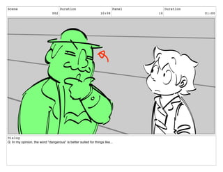 Scene
002
Duration
10:08
Panel
10
Duration
01:00
Dialog
G: In my opinion, the word "dangerous" is better suited for things like...
 