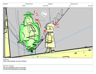 Scene
005
Duration
05:00
Panel
4
Duration
01:00
Dialog
(OS) <short police car siren whoop>
Action Notes
OS car headlights shine on the two
G and B are surprised by siren/light
 