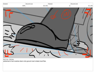 Scene
009
Duration
03:00
Panel
2
Duration
01:00
Action Notes
policeman's foot crashes down onto ground (cam shake) dust ﬂies
 