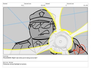 Scene
011
Duration
03:00
Panel
3
Duration
01:00
Dialog
POLICEMAN: Might I ask what you're doing out so late?
Action Notes
Policeman shines ﬂashlight at camera
 