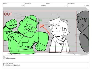 Scene
013
Duration
09:00
Panel
3
Duration
01:00
Dialog
G: Let's skeddaddle.
Action Notes
G makes a running gesture
 
