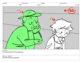 Scene
002
Duration
10:08
Panel
1
Duration
01:09
Dialog
B: (cont) He thinks it's too dangerous.
Action Notes
G and B walk along a tall wall
 