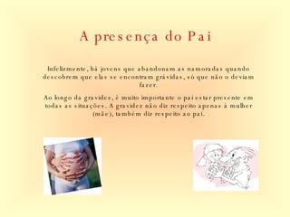 A presença do Pai Infelizmente, há jovens que abandonam as namoradas quando descobrem que elas se encontram grávidas, só que não o deviam fazer. Ao longo da gravidez, é muito importante o pai estar presente em todas as situações. A gravidez não diz respeito apenas à mulher (mãe), também diz respeito ao pai. 