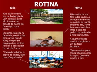 ROTINA Júlia está no último ano de Pedagogia da USP. Todas as aulas são à tarde e no período da manhã ela faz estágio numa escola. Enquanto Júlia está na faculdade, seu filho fica com a avó ( Mãe de Júlia), que por ser psicóloga tem horários flexíveis e pode cuidar do neto de 6 anos. “  Pretendo trabalhar e,  depois de casada, fazer uma pós-graduação”. Flávia cuida de sua filha todos os dias. A criança fica na escola no período da manhã, enquanto isso, Flávia lava roupa, cozinha e limpa a casa. No período da tarde mãe e filha ficam juntas. A jovem pretende concluir o supletivo e um dia fazer faculdade. “ Quero mostrar para minha filha que a mãe foi capaz. Quero dar orgulho a ela”. Júlia   Flávia 