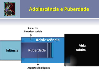 Infância Puberdade
Vida
Adulta
Aspectos biológicos
Aspectos
biopsicossociais
Adolescência
 