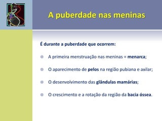 É durante a puberdade que ocorrem:
 A primeira menstruação nas meninas = menarca;
 O aparecimento de pelos na região pubiana e axilar;
 O desenvolvimento das glândulas mamárias;
 O crescimento e a rotação da região da bacia óssea.
 