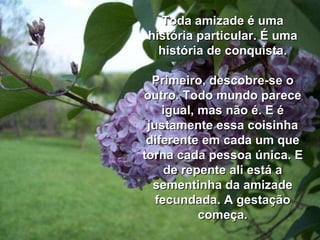 Toda amizade é uma história particular. É uma história de conquista. Primeiro, descobre-se o outro. Todo mundo parece igual, mas não é. E é justamente essa coisinha diferente em cada um que torna cada pessoa única. E de repente ali está a sementinha da amizade fecundada. A gestação começa. 