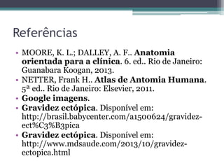 Referências 
• MOORE, K. L.; DALLEY, A. F.. Anatomia 
orientada para a clínica. 6. ed.. Rio de Janeiro: 
Guanabara Koogan, 2013. 
• NETTER, Frank H.. Atlas de Antomia Humana. 
5ª ed.. Rio de Janeiro: Elsevier, 2011. 
• Google imagens. 
• Gravidez ectópica. Disponível em: 
http://brasil.babycenter.com/a1500624/gravidez-ect% 
C3%B3pica 
• Gravidez ectópica. Disponível em: 
http://www.mdsaude.com/2013/10/gravidez-ectopica. 
html 
