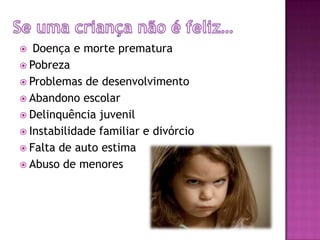 Se uma criança não é feliz… Doença e morte prematuraPobreza Problemas de desenvolvimentoAbandono escolarDelinquência juvenilInstabilidade familiar e divórcioFalta de auto estimaAbuso de menores 