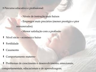 Percurso educativo e profissional: - Níveis de instrução mais baixos - Empregos mais precários (menor prestígio e pior remunerados) - Menor satisfação com a profissão Nível sócio – económico baixo Fertilidade Casamento Comportamento materno Problemas de crescimento e desenvolvimento, emocionais, comportamentais, educacionais e de aprendizagem; 