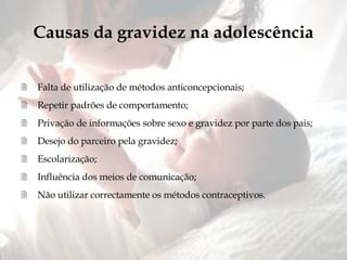 Causas da gravidez na adolescência Falta de utilização de métodos anticoncepcionais; Repetir padrões de comportamento; Privação de informações sobre sexo e gravidez por parte dos pais; Desejo do parceiro pela gravidez; Escolarização; Influência dos meios de comunicação; Não utilizar correctamente os métodos contraceptivos. 
