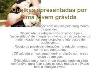 Queixas apresentadas por uma jovem grávida .  Dificuldade na relação com os pais pelo surgimento da gravidez;  . Dificuldade na relação consigo própria pela “necessidade” de integrar a gravidez e a expectativa da maternidade nos seus projectos e interesses de adolescente; . Receio de possíveis alterações no relacionamento com o seu namorado; . Dificuldade em conseguir gerir a relação com o seu grupo de amigos; . Dificuldade em encontrar um espaço onde se sinta confortável para falar sobre os seus medos e dúvidas face à situação vivida. 