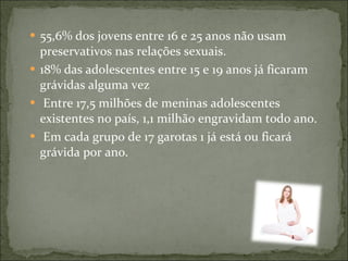 55,6% dos jovens entre 16 e 25 anos não usam preservativos nas relações sexuais. 18% das adolescentes entre 15 e 19 anos já ficaram grávidas alguma vez Entre 17,5 milhões de meninas adolescentes existentes no país, 1,1 milhão engravidam todo ano. Em cada grupo de 17 garotas 1 já está ou ficará grávida por ano. 
