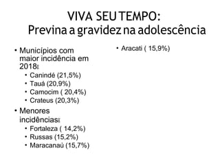 VIVA SEUTEMPO:
Previnaagravidezna adolescência
• Municípios com
maior incidência em
2018a:
• Canindé (21,5%)
• Tauá (20,9%...