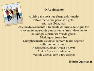 O Adolescente
A vida é tão bela que chega a dar medo
Não o medo que paralisa e gela,
estátua súbita, mas
esse medo fascinante e fremente de curiosidade que faz
o jovem felino seguir para a frente farejando o vento
ao sair, pela primeira vez da gruta,
Medo que ofusca: luz
Cumplicemente as folhas contam-te um segredo
velho como o mundo
Adolescente, olha! A vida é nova!
A vida é nova e anda nua
vestida apenas com o teu desejo!
(Mário Quintana)
 