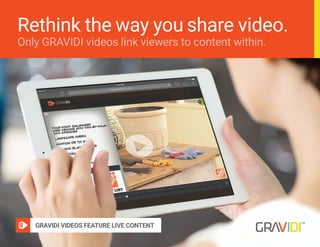 Rethink the way you share video.
Only GRAVIDI videos link viewers to content within.
GRAVIDI VIDEOS FEATURE LIVE CONTENT
 