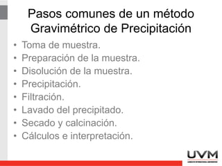 Pasos comunes de un método
Gravimétrico de Precipitación
• Toma de muestra.
• Preparación de la muestra.
• Disolución de la muestra.
• Precipitación.
• Filtración.
• Lavado del precipitado.
• Secado y calcinación.
• Cálculos e interpretación.
 