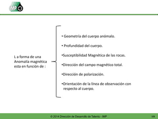 123© 2014 Dirección de Desarrollo de Talento - IMP
L a forma de una
Anomalía magnética
esta en función de :
• Geometría del cuerpo anómalo.
• Profundidad del cuerpo.
•Susceptibilidad Magnética de las rocas.
•Dirección del campo magnético total.
•Dirección de polarización.
•Orientación de la línea de observación con
respecto al cuerpo.
 