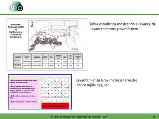 23© 2014 Dirección de Desarrollo de Talento - IMP
Tabla estadística mostrando el avance de
levantamientos gravimétricos
Levantamiento Gravimétrico Terrestre
sobre rejilla Regular
 