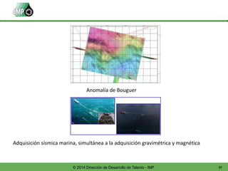 27© 2014 Dirección de Desarrollo de Talento - IMP
Anomalía de Bouguer
Adquisición sísmica marina, simultánea a la adquisición gravimétrica y magnética
 