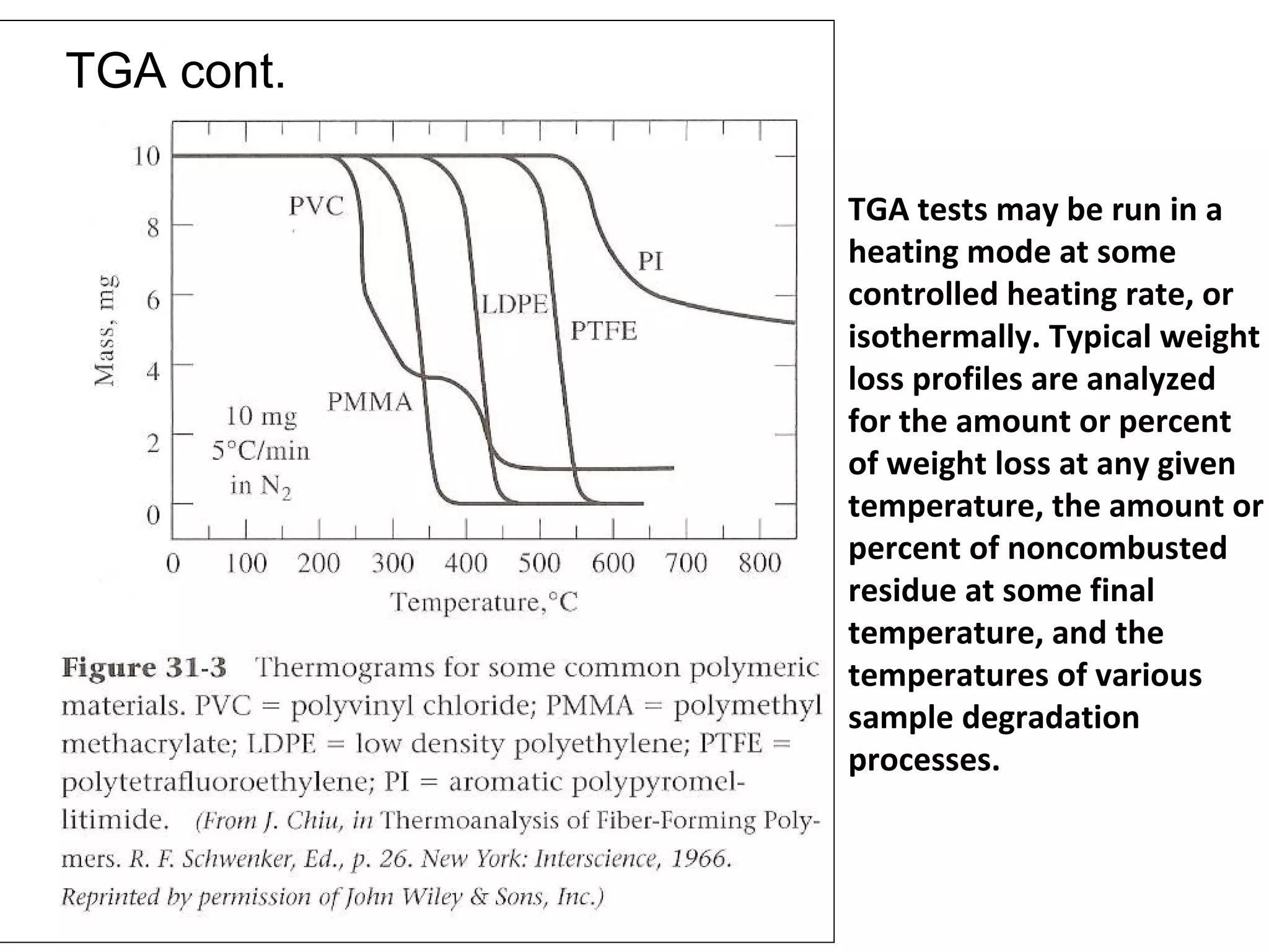 TGA cont.
TGA tests may be run in a
heating mode at some
controlled heating rate, or
isothermally. Typical weight
loss profiles are analyzed
for the amount or percent
of weight loss at any given
temperature, the amount or
percent of noncombusted
residue at some final
temperature, and the
temperatures of various
sample degradation
processes.

 