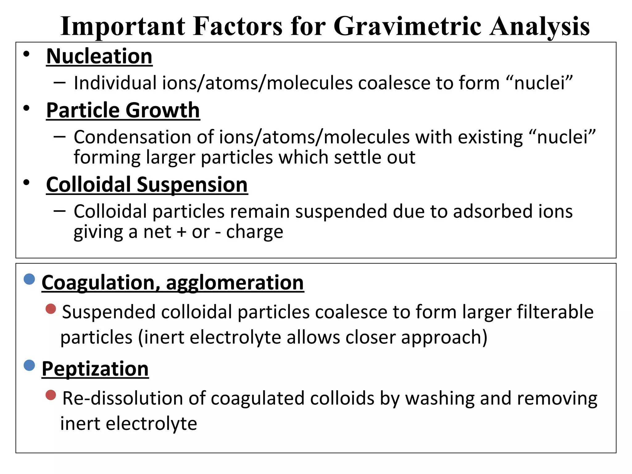 Important Factors for Gravimetric Analysis

• Nucleation

– Individual ions/atoms/molecules coalesce to form “nuclei”

• Particle Growth

– Condensation of ions/atoms/molecules with existing “nuclei”
forming larger particles which settle out

• Colloidal Suspension

– Colloidal particles remain suspended due to adsorbed ions
giving a net + or - charge

Coagulation, agglomeration
Suspended colloidal particles coalesce to form larger filterable

particles (inert electrolyte allows closer approach)

Peptization
Re-dissolution of coagulated colloids by washing and removing

inert electrolyte

 