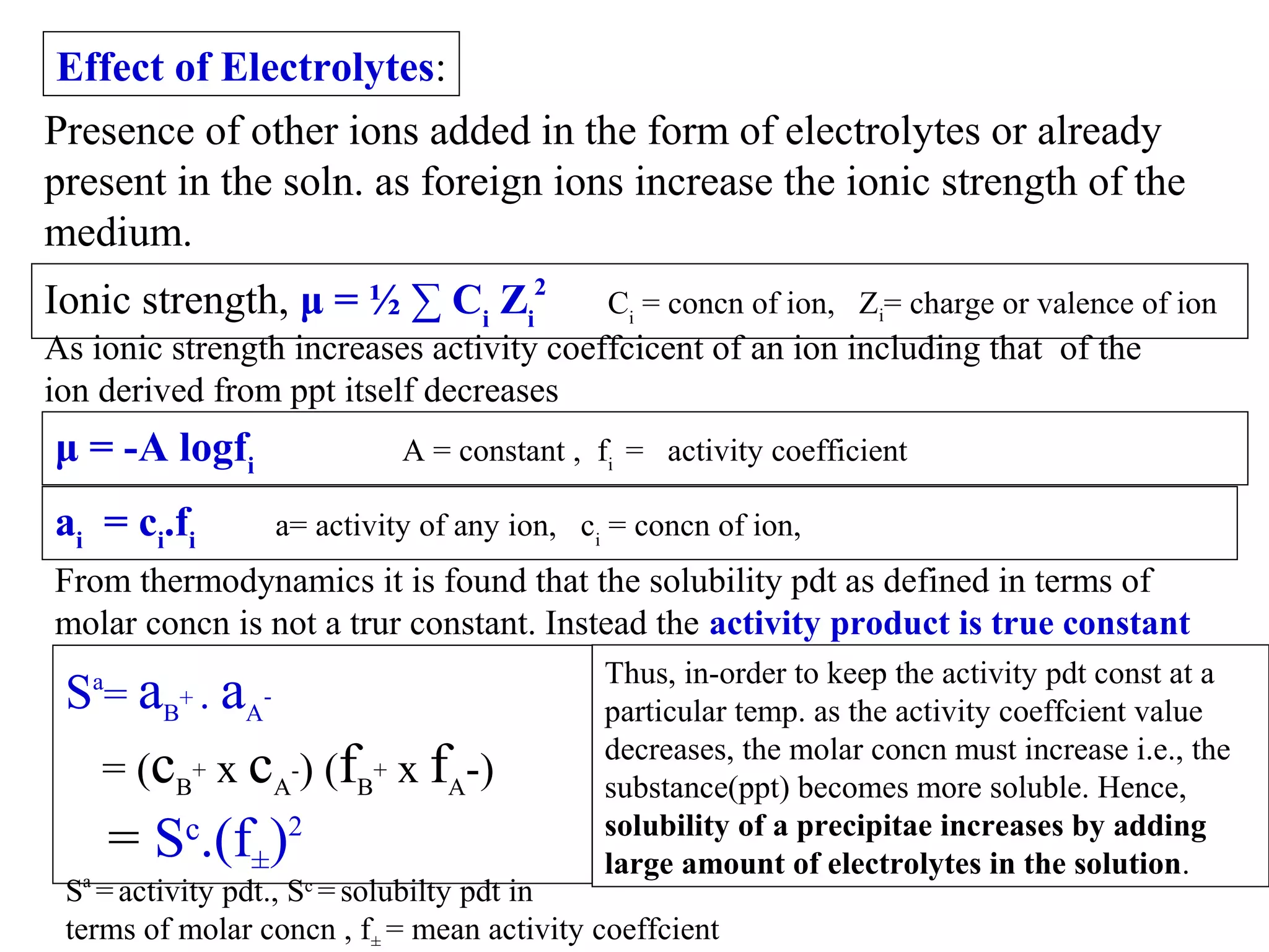 Effect of Electrolytes:
Presence of other ions added in the form of electrolytes or already
present in the soln. as foreign ions increase the ionic strength of the
medium.
Ionic strength, μ = ½ ∑ Ci Zi2

Ci = concn of ion, Zi= charge or valence of ion

As ionic strength increases activity coeffcicent of an ion including that of the
ion derived from ppt itself decreases

μ = -A logfi

A = constant , fi = activity coefficient

ai = ci.fi

a= activity of any ion, ci = concn of ion,

From thermodynamics it is found that the solubility pdt as defined in terms of
molar concn is not a trur constant. Instead the activity product is true constant

S = aB+ . aA
a

-

= (cB+ x cA-) (fB+ x fA-)

= Sc.(f±)2

Thus, in-order to keep the activity pdt const at a
particular temp. as the activity coeffcient value
decreases, the molar concn must increase i.e., the
substance(ppt) becomes more soluble. Hence,
solubility of a precipitae increases by adding
large amount of electrolytes in the solution.

Sa = activity pdt., Sc = solubilty pdt in
terms of molar concn , f± = mean activity coeffcient

 