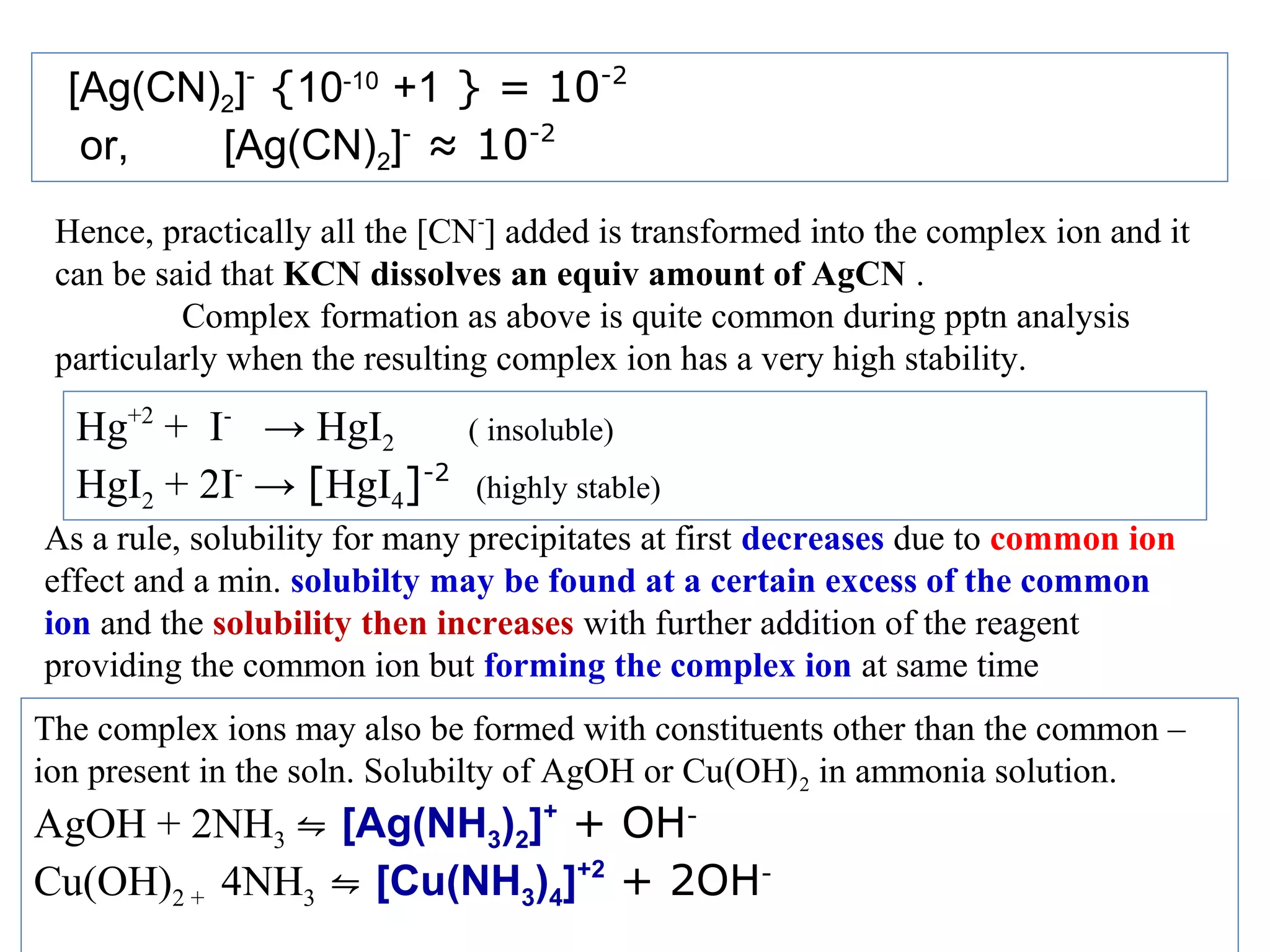 [Ag(CN)2]- {10-10 +1 } = 10-2
or,
[Ag(CN)2]- ≈ 10-2
Hence, practically all the [CN-] added is transformed into the complex ion and it
can be said that KCN dissolves an equiv amount of AgCN .
Complex formation as above is quite common during pptn analysis
particularly when the resulting complex ion has a very high stability.

Hg+2 + I- → HgI2
HgI2 + 2I- → [HgI4]-2

( insoluble)
(highly stable)

As a rule, solubility for many precipitates at first decreases due to common ion
effect and a min. solubilty may be found at a certain excess of the common
ion and the solubility then increases with further addition of the reagent
providing the common ion but forming the complex ion at same time
The complex ions may also be formed with constituents other than the common –
ion present in the soln. Solubilty of AgOH or Cu(OH) 2 in ammonia solution.

AgOH + 2NH3 ⇋ [Ag(NH3)2]+ + OHCu(OH)2 + 4NH3 ⇋ [Cu(NH3)4]+2 + 2OH-

 