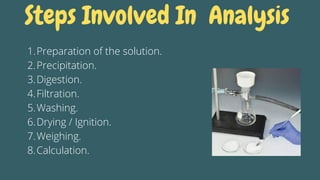 Steps Involved In Analysis
Preparation of the solution.
Precipitation.
Digestion.
Filtration.
Washing.
Drying / Ignition.
Weighing.
Calculation.


1.
2.
3.
4.
5.
6.
7.
8.
 