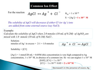 Common Ion Effect
For the reaction
𝐴𝑔𝐶𝑙 ↔ 𝐴𝑔
+
+ 𝐶𝑙
−
The solubility of AgCl will decreases if either Cl- (or Ag+) ions
are added from some external source (say NaCl).
Ksp = 1 x 10-10
S = [Ag+] = 1 x 10-5 M
Example:
Calculate the solubility of AgCl when 2.0 mmoles (10 mL of 0.2M) of AgNO3 are
mixed with 1.0 mmole (10 mL of 0.1M) NaCl .
Solution:
mmoles of Ag+ in excess = 2-1 = 1.0 mmoles
Solubility = [Cl-]
[Ag+] = 1 mmol/20 mL = 0.05M (this concentration is very high compared to Ag
concentration, 1 x 10-5 M, in absence of a common ion. So we can neglect 1 x 10-5 M
[0.05]. [Cl-] = 1 x 10-10
[Cl-] = 1 x 10-10 / 0.05 = 2 x 10-9 M
𝐴𝑔
+
+ 𝐶𝑙
−
↔ 𝐴𝑔𝐶𝑙
Decreased S in the presence of excess Ag
 